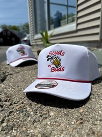 two white hats with a logo reading 'Scuds n Buds'